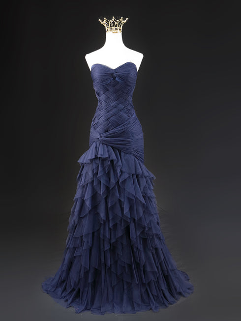 Navy Blue Tulle Mermaid Wedding Gown - Strapless Sheath Wedding Dress - Layered Tulle Ruffle Dress Plus Size